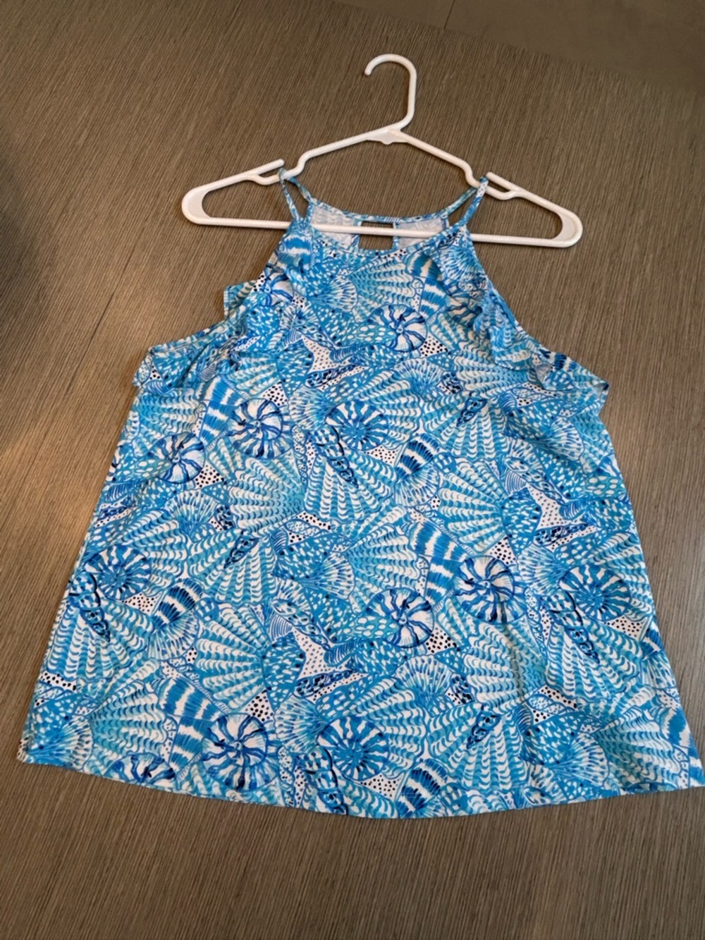 Lilly Pulitzer Blue and White Printed Ruffle-Trim Tank Top